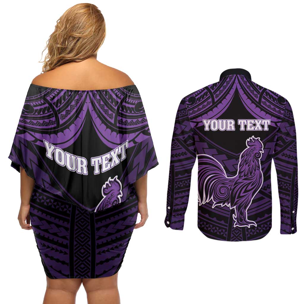 Personalised Hawaii Kauai Island Couples Matching Off Shoulder Short Dress and Long Sleeve Button Shirt Rooster Tribal Tattoo Simple Style LT05 - Polynesian Pride