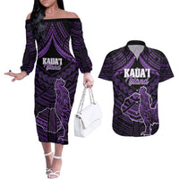 Personalised Hawaii Kauai Island Couples Matching Off The Shoulder Long Sleeve Dress and Hawaiian Shirt Rooster Tribal Tattoo Simple Style LT05 Purple - Polynesian Pride