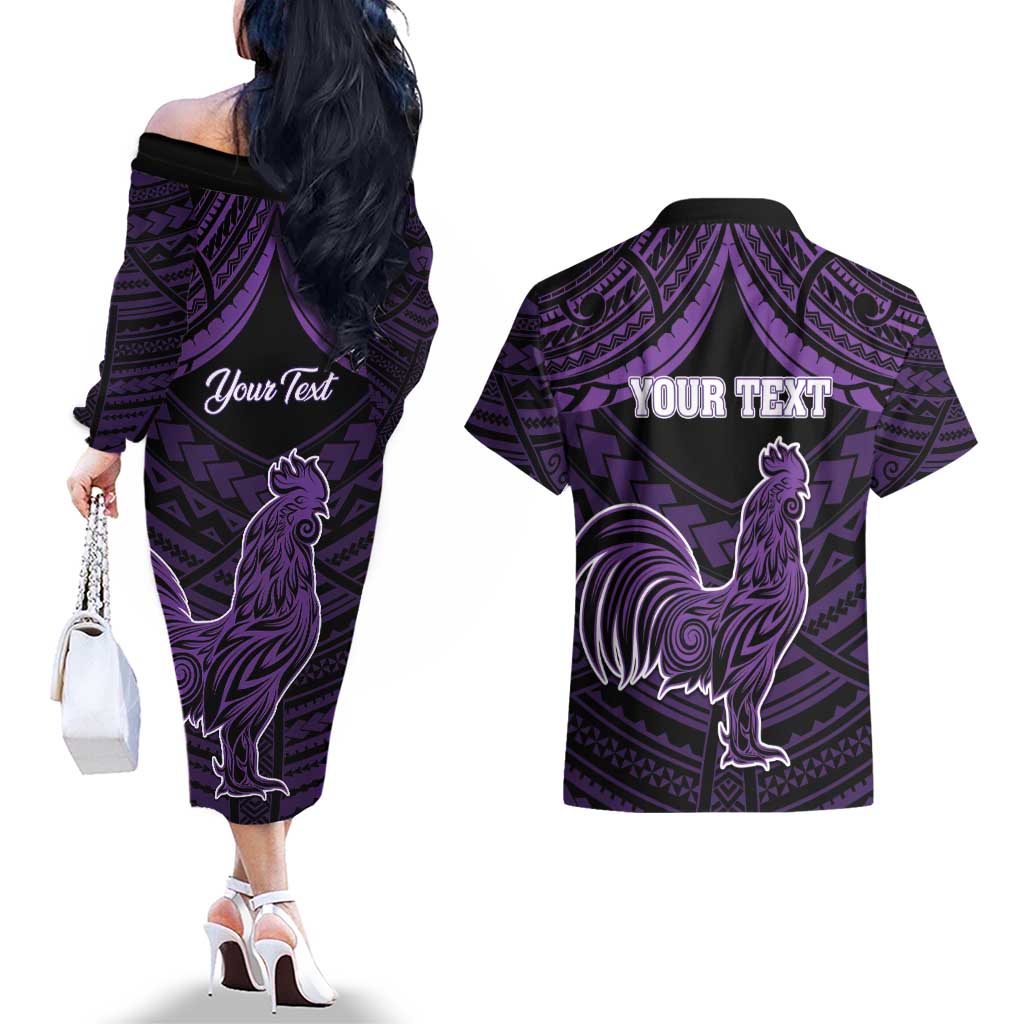 Personalised Hawaii Kauai Island Couples Matching Off The Shoulder Long Sleeve Dress and Hawaiian Shirt Rooster Tribal Tattoo Simple Style LT05 - Polynesian Pride