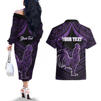Personalised Hawaii Kauai Island Couples Matching Off The Shoulder Long Sleeve Dress and Hawaiian Shirt Rooster Tribal Tattoo Simple Style LT05 - Polynesian Pride