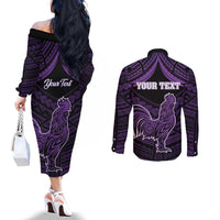 Personalised Hawaii Kauai Island Couples Matching Off The Shoulder Long Sleeve Dress and Long Sleeve Button Shirt Rooster Tribal Tattoo Simple Style LT05 - Polynesian Pride