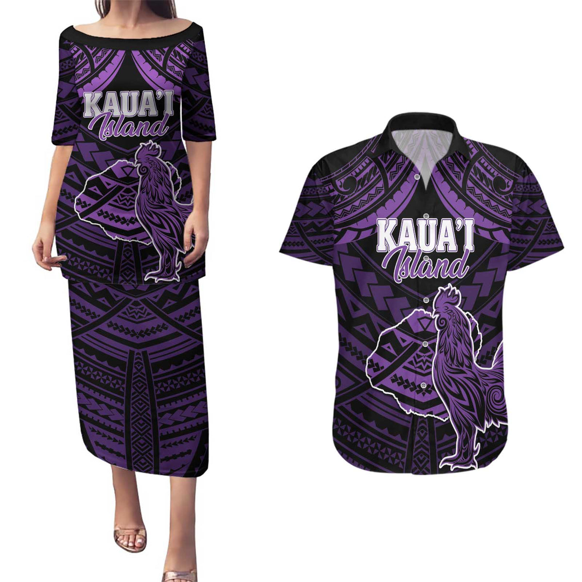 Personalised Hawaii Kauai Island Couples Matching Puletasi and Hawaiian Shirt Rooster Tribal Tattoo Simple Style LT05 Purple - Polynesian Pride