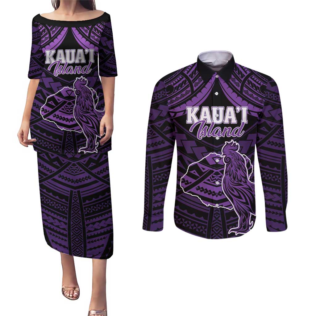 Personalised Hawaii Kauai Island Couples Matching Puletasi and Long Sleeve Button Shirt Rooster Tribal Tattoo Simple Style LT05 Purple - Polynesian Pride