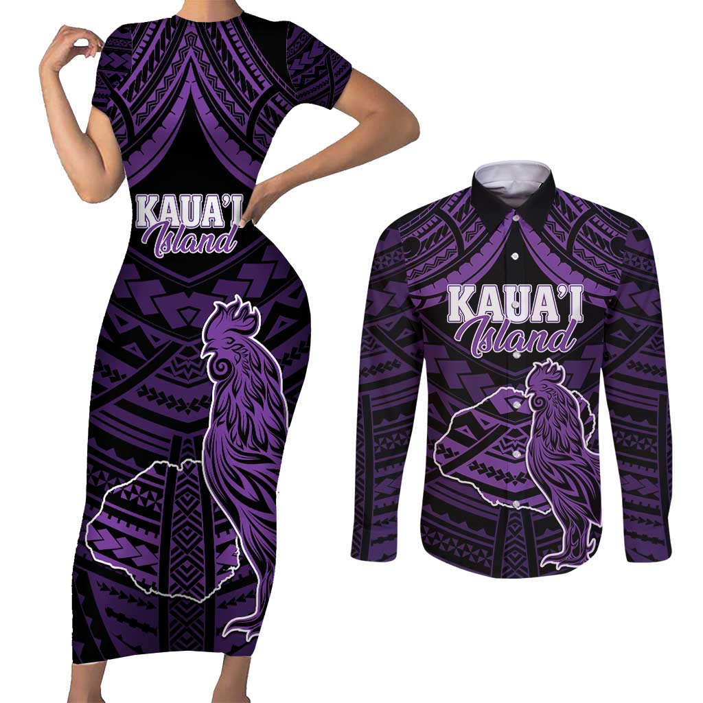 Personalised Hawaii Kauai Island Couples Matching Short Sleeve Bodycon Dress and Long Sleeve Button Shirt Rooster Tribal Tattoo Simple Style LT05 Purple - Polynesian Pride