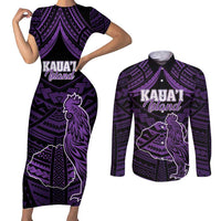 Personalised Hawaii Kauai Island Couples Matching Short Sleeve Bodycon Dress and Long Sleeve Button Shirt Rooster Tribal Tattoo Simple Style LT05 Purple - Polynesian Pride