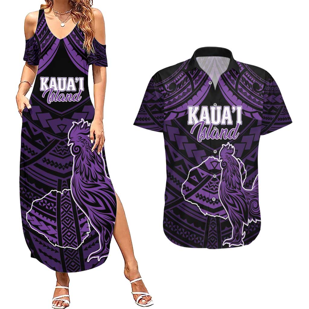 Personalised Hawaii Kauai Island Couples Matching Summer Maxi Dress and Hawaiian Shirt Rooster Tribal Tattoo Simple Style LT05 Purple - Polynesian Pride
