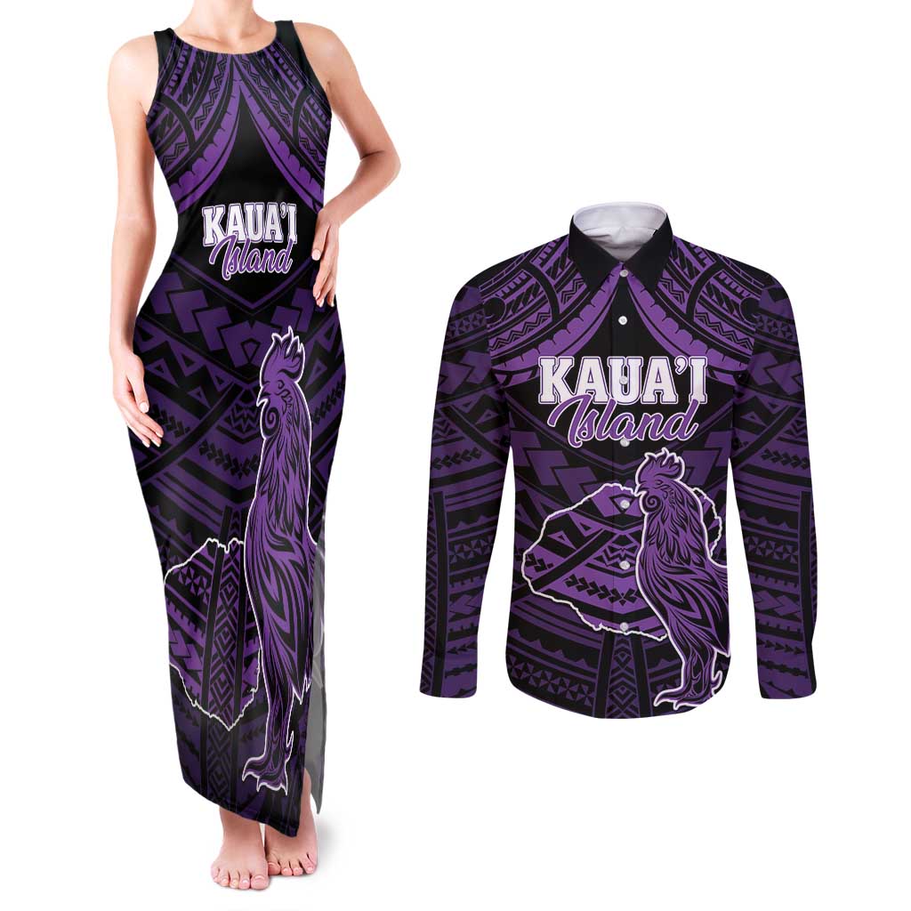 Personalised Hawaii Kauai Island Couples Matching Tank Maxi Dress and Long Sleeve Button Shirt Rooster Tribal Tattoo Simple Style LT05 Purple - Polynesian Pride