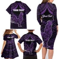 Personalised Hawaii Kauai Island Family Matching Long Sleeve Bodycon Dress and Hawaiian Shirt Rooster Tribal Tattoo Simple Style LT05 - Polynesian Pride