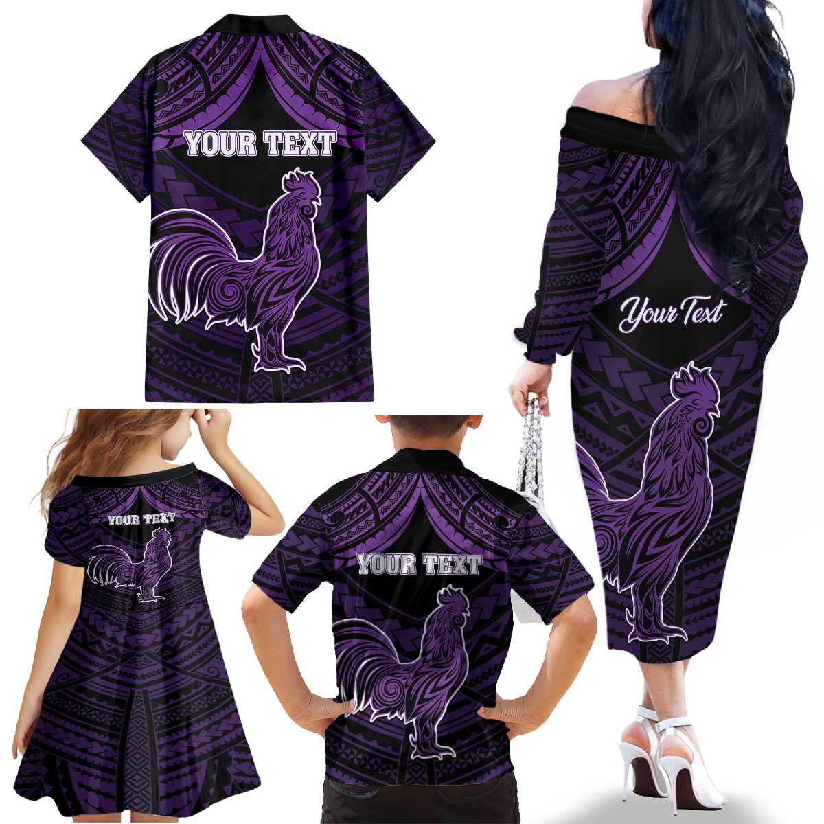 Personalised Hawaii Kauai Island Family Matching Off The Shoulder Long Sleeve Dress and Hawaiian Shirt Rooster Tribal Tattoo Simple Style LT05 - Polynesian Pride