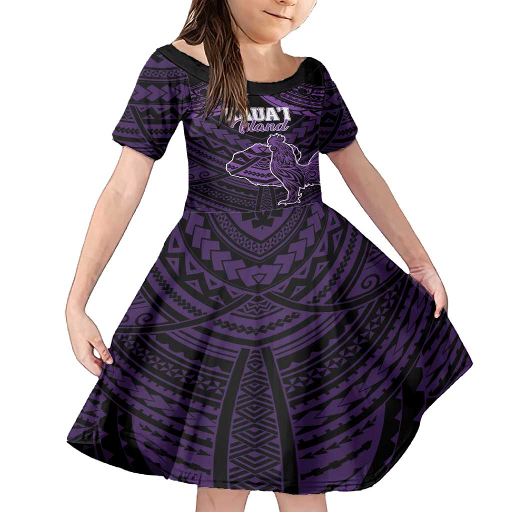 Personalised Hawaii Kauai Island Family Matching Off Shoulder Maxi Dress and Hawaiian Shirt Rooster Tribal Tattoo Simple Style LT05 Daughter's Dress Purple - Polynesian Pride