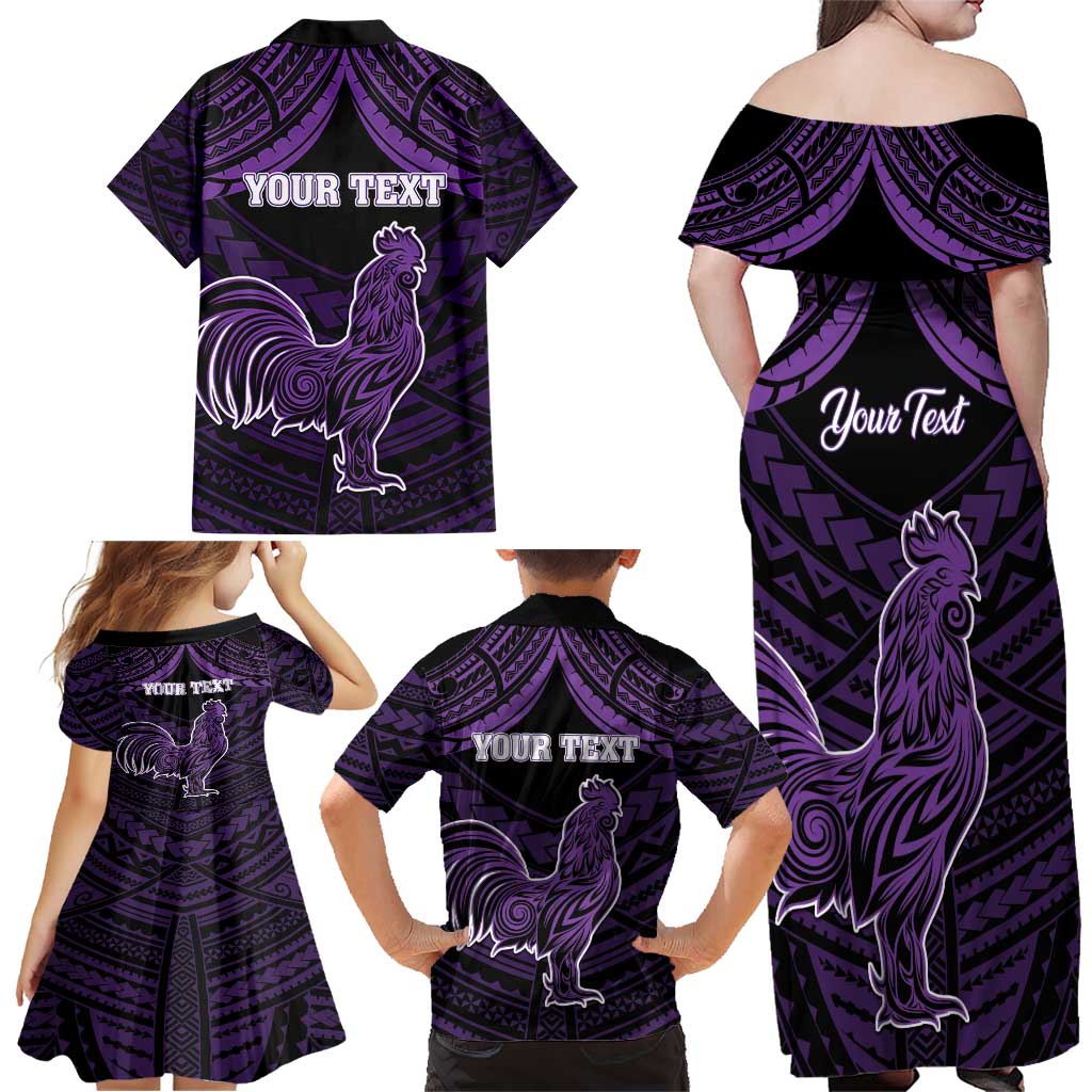 Personalised Hawaii Kauai Island Family Matching Off Shoulder Maxi Dress and Hawaiian Shirt Rooster Tribal Tattoo Simple Style LT05 - Polynesian Pride