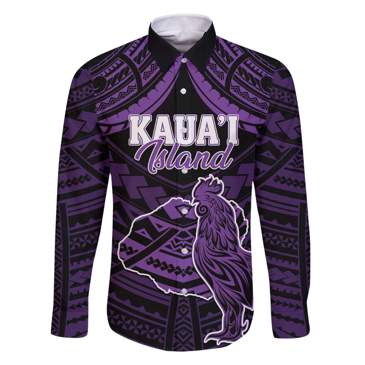 Personalised Hawaii Kauai Island Family Matching Off Shoulder Short Dress and Hawaiian Shirt Rooster Tribal Tattoo Simple Style LT05 Dad's Shirt - Long Sleeve Purple - Polynesian Pride