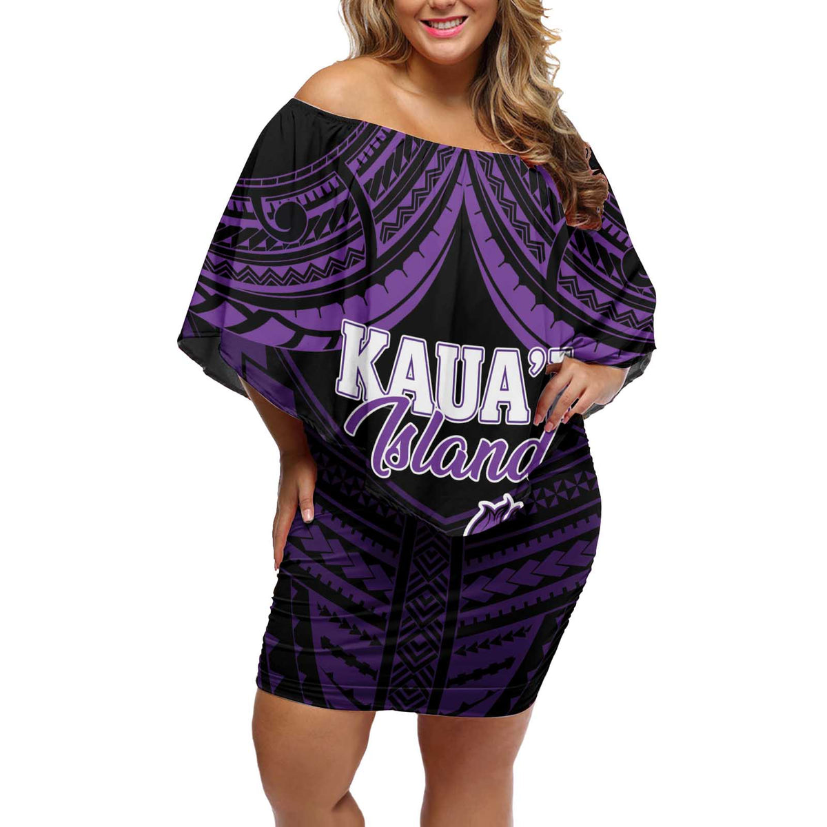 Personalised Hawaii Kauai Island Off Shoulder Short Dress Rooster Tribal Tattoo Simple Style LT05 Women Purple - Polynesian Pride