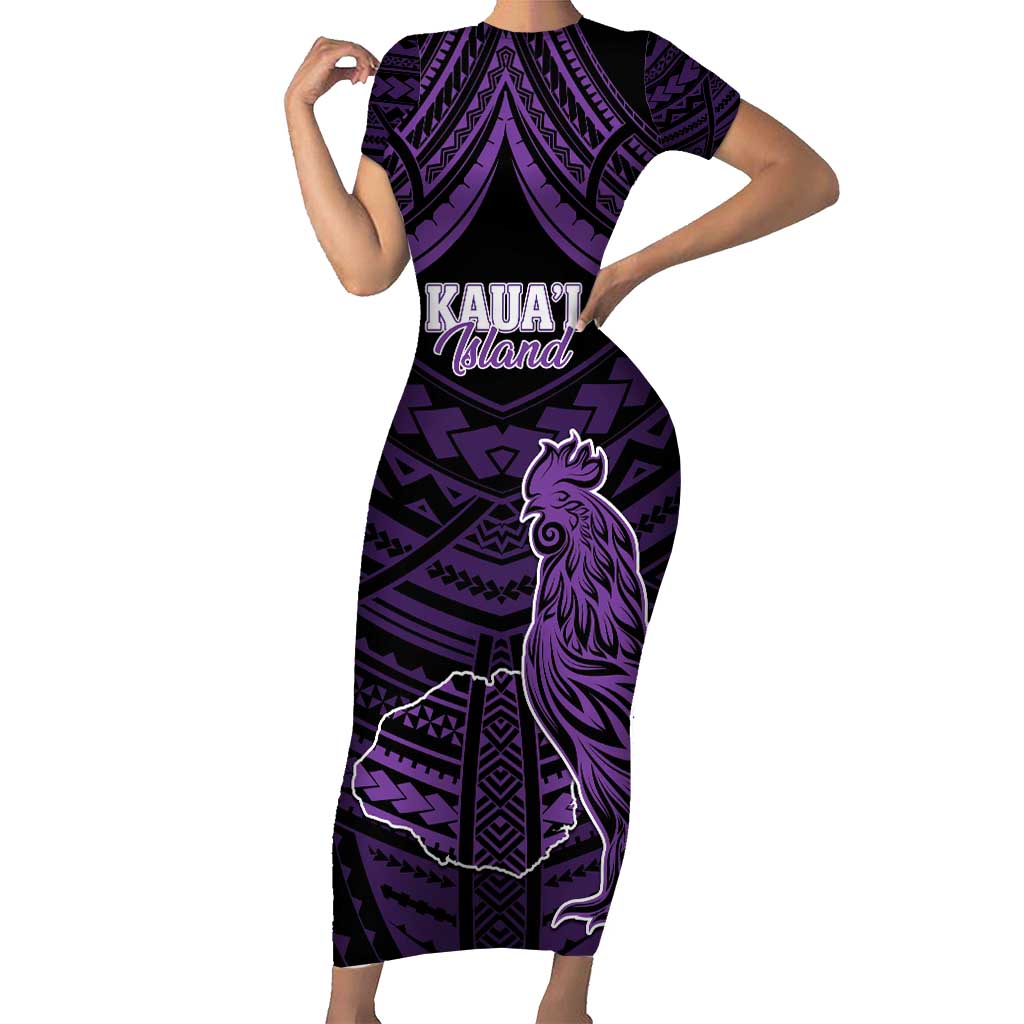 Personalised Hawaii Kauai Island Short Sleeve Bodycon Dress Rooster Tribal Tattoo Simple Style LT05 Long Dress Purple - Polynesian Pride