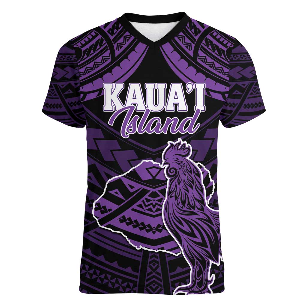 Personalised Hawaii Kauai Island Women V-Neck T-Shirt Rooster Tribal Tattoo Simple Style LT05 Female Purple - Polynesian Pride