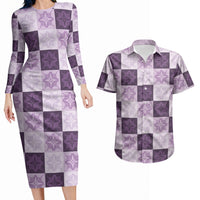Lavender Manta Ray Hawaiian Quilt Motif Couples Matching Long Sleeve Bodycon Dress and Hawaiian Shirt LT05 Purple - Polynesian Pride