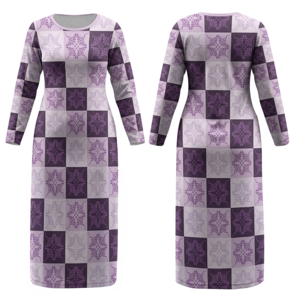 Lavender Manta Ray Hawaiian Quilt Motif Couples Matching Long Sleeve Bodycon Dress and Hawaiian Shirt LT05 - Polynesian Pride
