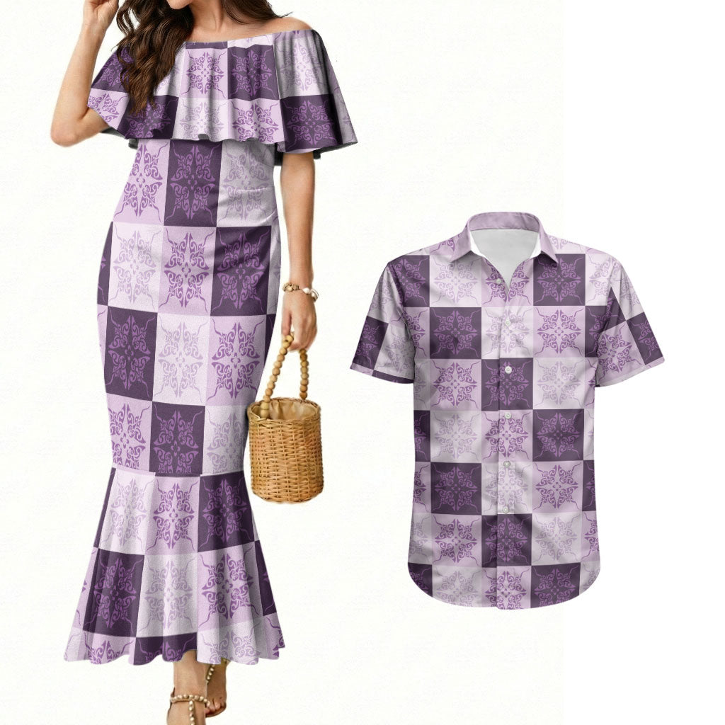 Lavender Manta Ray Hawaiian Quilt Motif Couples Matching Mermaid Dress and Hawaiian Shirt LT05 Purple - Polynesian Pride