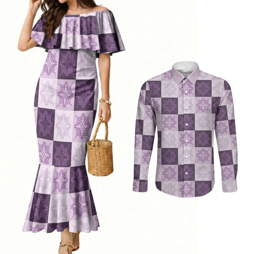 Lavender Manta Ray Hawaiian Quilt Motif Couples Matching Mermaid Dress and Long Sleeve Button Shirt LT05 Purple - Polynesian Pride
