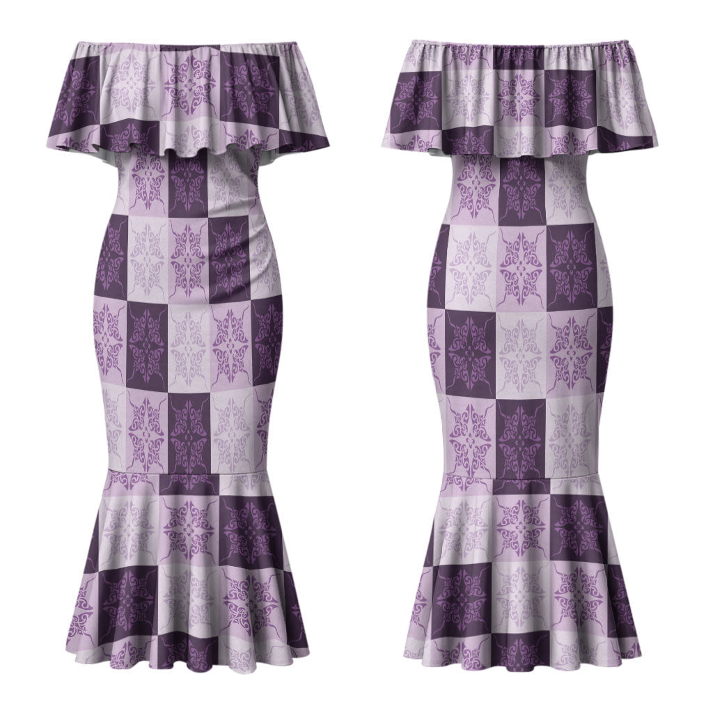 Lavender Manta Ray Hawaiian Quilt Motif Couples Matching Mermaid Dress and Long Sleeve Button Shirt LT05 - Polynesian Pride