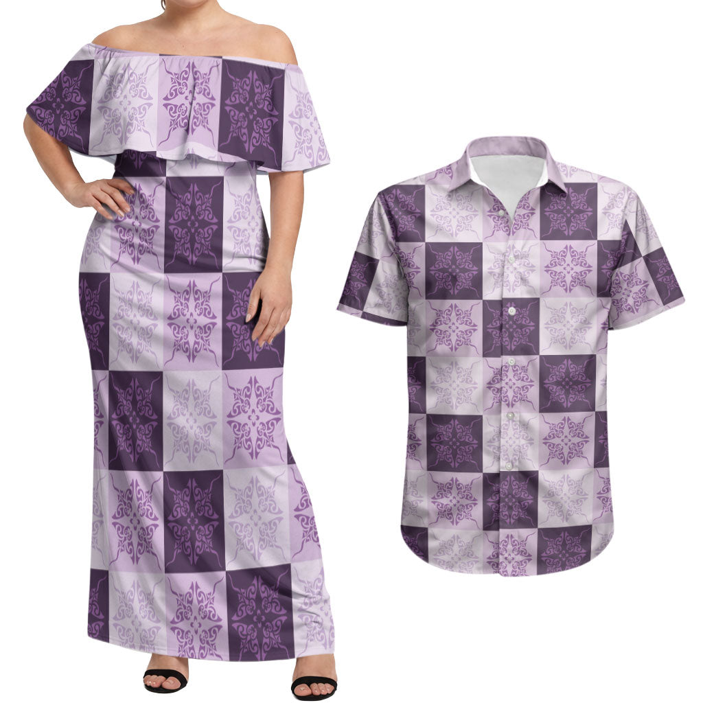 Lavender Manta Ray Hawaiian Quilt Motif Couples Matching Off Shoulder Maxi Dress and Hawaiian Shirt LT05 Purple - Polynesian Pride
