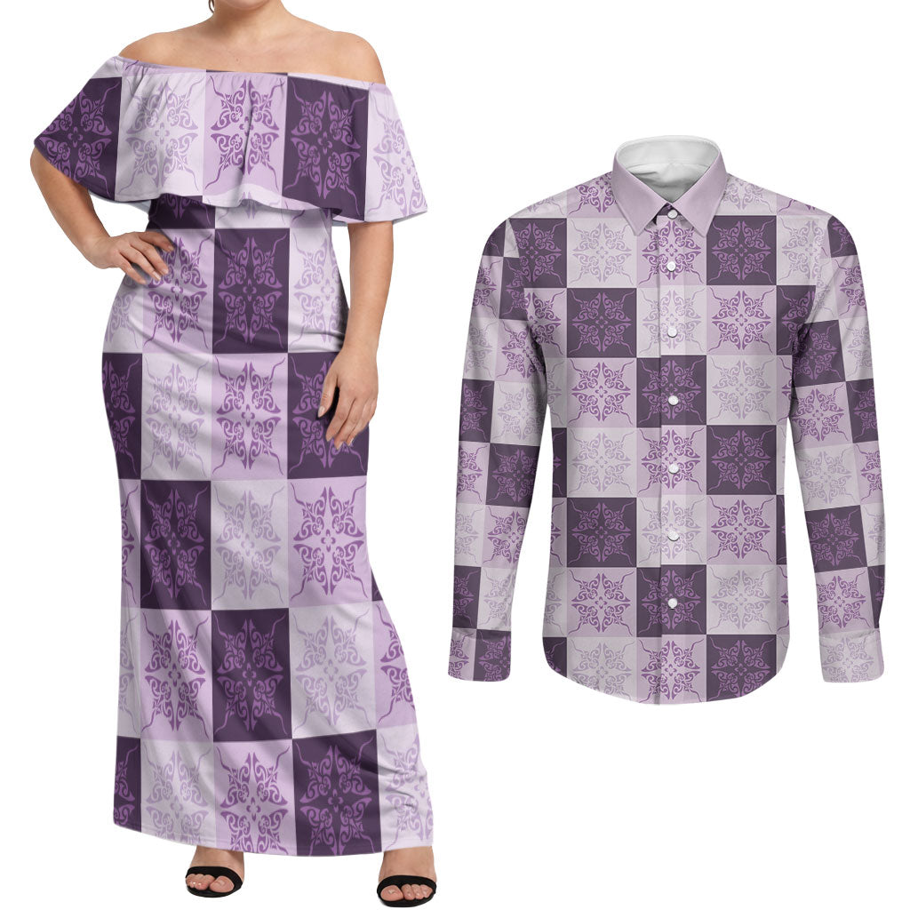 Lavender Manta Ray Hawaiian Quilt Motif Couples Matching Off Shoulder Maxi Dress and Long Sleeve Button Shirt LT05 Purple - Polynesian Pride