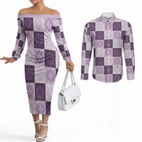 Lavender Manta Ray Hawaiian Quilt Motif Couples Matching Off The Shoulder Long Sleeve Dress and Long Sleeve Button Shirt LT05 Purple - Polynesian Pride