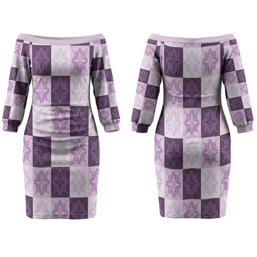 Lavender Manta Ray Hawaiian Quilt Motif Couples Matching Off The Shoulder Long Sleeve Dress and Long Sleeve Button Shirt LT05 - Polynesian Pride