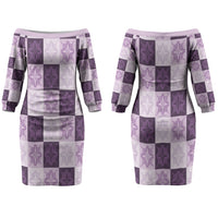 Lavender Manta Ray Hawaiian Quilt Motif Couples Matching Off The Shoulder Long Sleeve Dress and Long Sleeve Button Shirt LT05 - Polynesian Pride