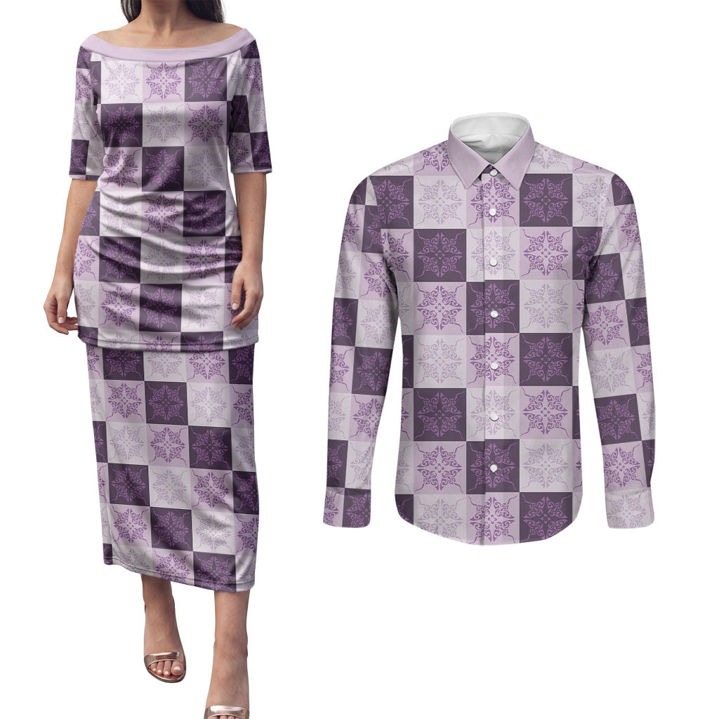 Lavender Manta Ray Hawaiian Quilt Motif Couples Matching Puletasi and Long Sleeve Button Shirt LT05 Purple - Polynesian Pride