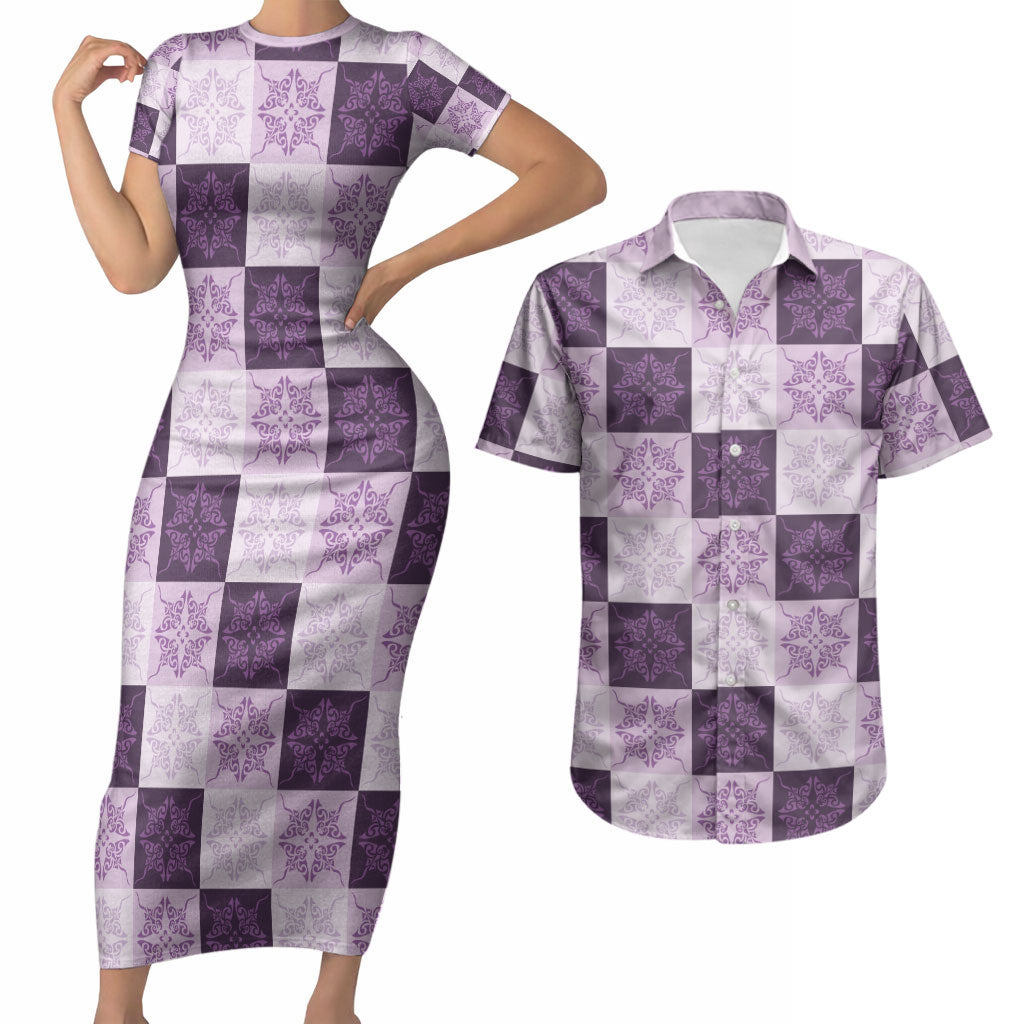 Lavender Manta Ray Hawaiian Quilt Motif Couples Matching Short Sleeve Bodycon Dress and Hawaiian Shirt LT05 Purple - Polynesian Pride