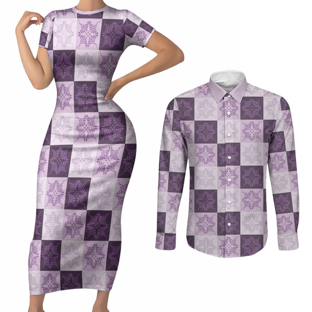 Lavender Manta Ray Hawaiian Quilt Motif Couples Matching Short Sleeve Bodycon Dress and Long Sleeve Button Shirt LT05 Purple - Polynesian Pride