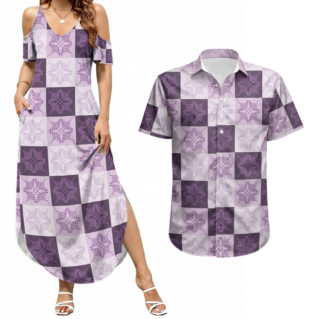 Lavender Manta Ray Hawaiian Quilt Motif Couples Matching Summer Maxi Dress and Hawaiian Shirt LT05 Purple - Polynesian Pride