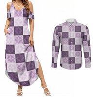 Lavender Manta Ray Hawaiian Quilt Motif Couples Matching Summer Maxi Dress and Long Sleeve Button Shirt LT05 Purple - Polynesian Pride