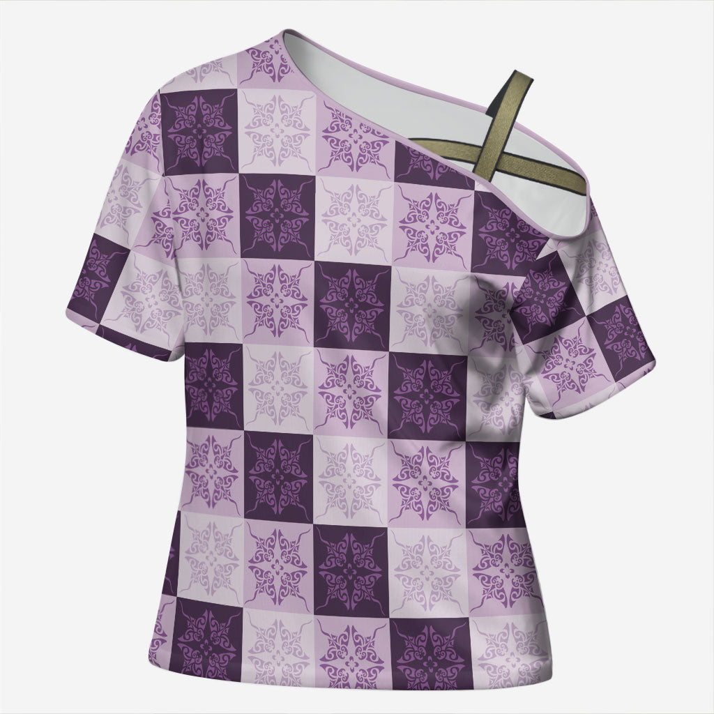 Lavender Manta Ray Hawaiian Quilt Motif Cross Shoulder Shirt LT05 Female Purple - Polynesian Pride