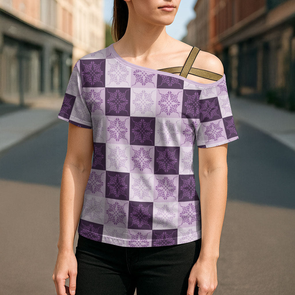 Lavender Manta Ray Hawaiian Quilt Motif Cross Shoulder Shirt LT05 - Polynesian Pride