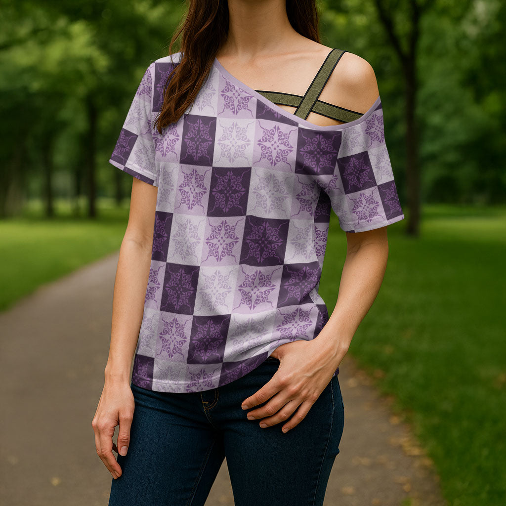 Lavender Manta Ray Hawaiian Quilt Motif Cross Shoulder Shirt LT05 - Polynesian Pride