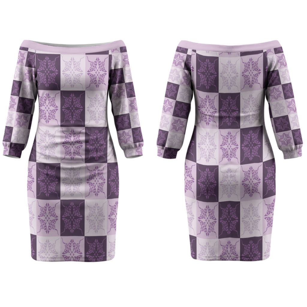 Lavender Manta Ray Hawaiian Quilt Motif Family Matching Off The Shoulder Long Sleeve Dress and Hawaiian Shirt LT05 Mom's Dress Purple - Polynesian Pride