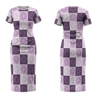 Lavender Manta Ray Hawaiian Quilt Motif Family Matching Short Sleeve Bodycon Dress and Hawaiian Shirt LT05 Mom's Dress Purple - Polynesian Pride