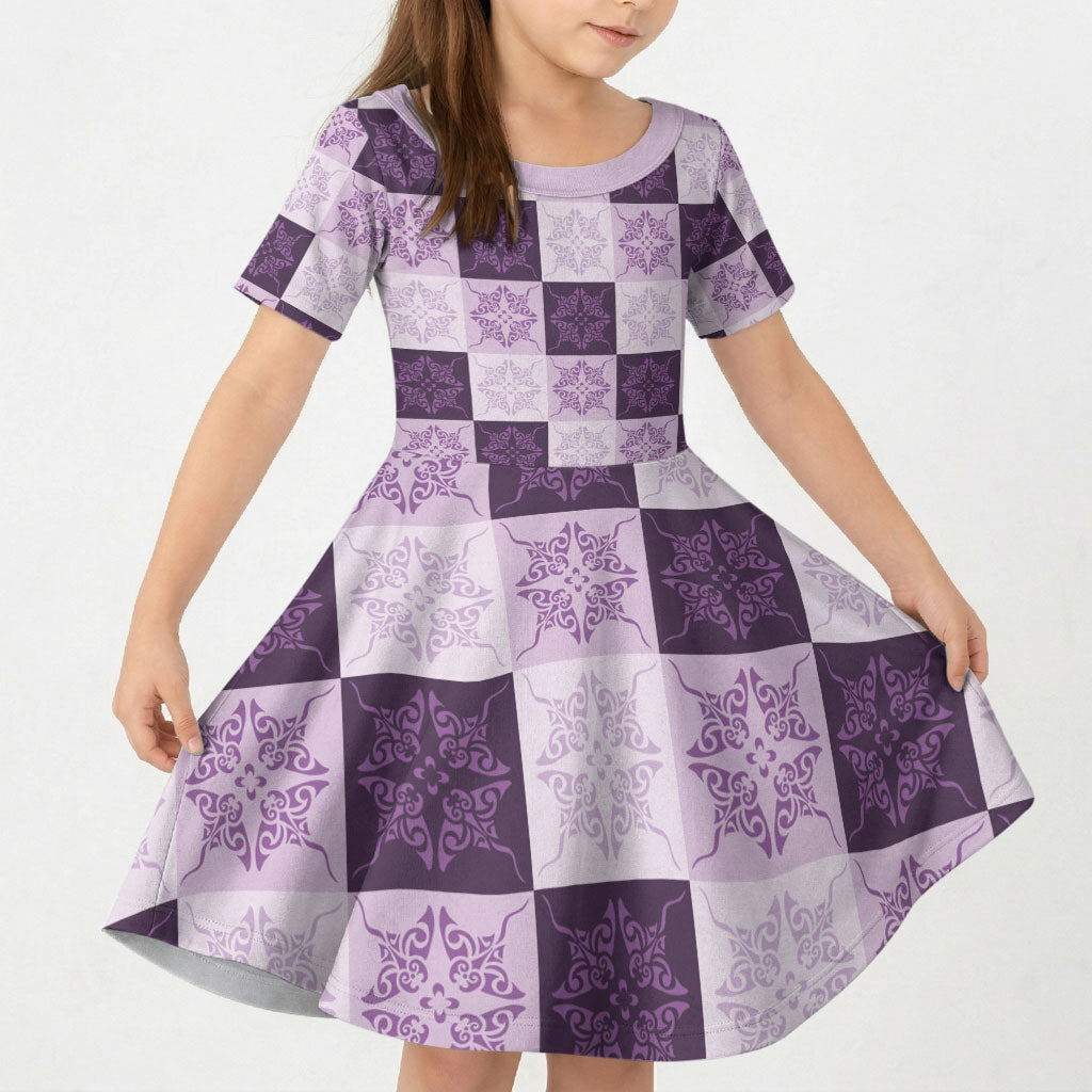 Lavender Manta Ray Hawaiian Quilt Motif Kid Short Sleeve Dress LT05 KID Purple - Polynesian Pride