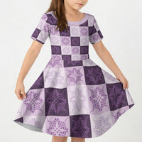 Lavender Manta Ray Hawaiian Quilt Motif Kid Short Sleeve Dress LT05 KID Purple - Polynesian Pride