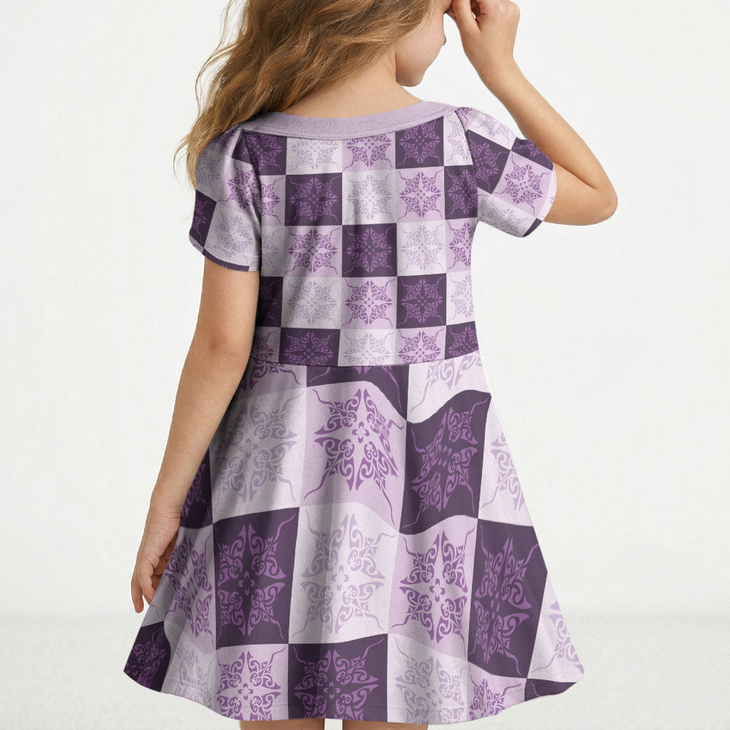 Lavender Manta Ray Hawaiian Quilt Motif Kid Short Sleeve Dress LT05 - Polynesian Pride
