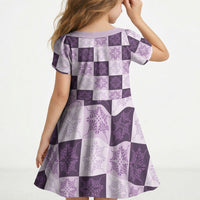 Lavender Manta Ray Hawaiian Quilt Motif Kid Short Sleeve Dress LT05 - Polynesian Pride