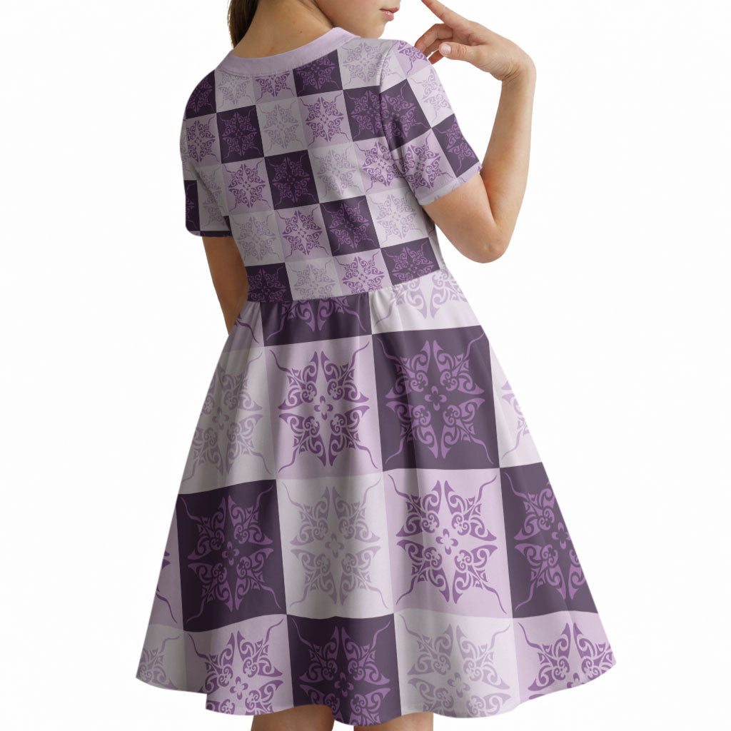 Lavender Manta Ray Hawaiian Quilt Motif Kid Short Sleeve Dress LT05 - Polynesian Pride