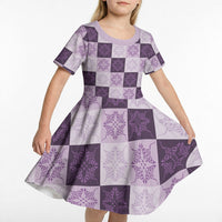 Lavender Manta Ray Hawaiian Quilt Motif Kid Short Sleeve Dress LT05 - Polynesian Pride