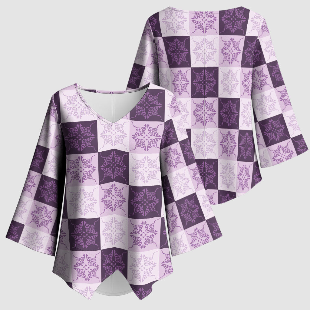 Lavender Manta Ray Hawaiian Quilt Motif Kimono Sleeve Blouse LT05 - Polynesian Pride