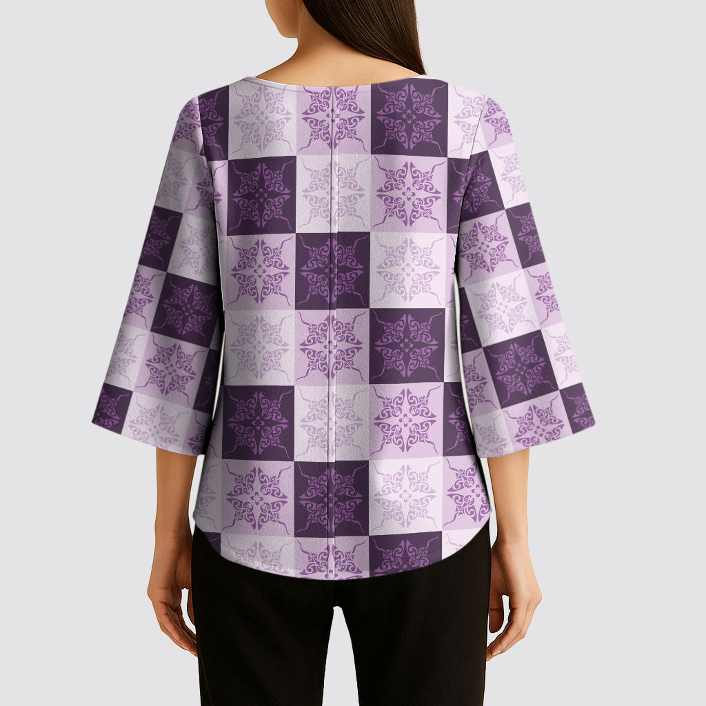 Lavender Manta Ray Hawaiian Quilt Motif Kimono Sleeve Blouse LT05 - Polynesian Pride