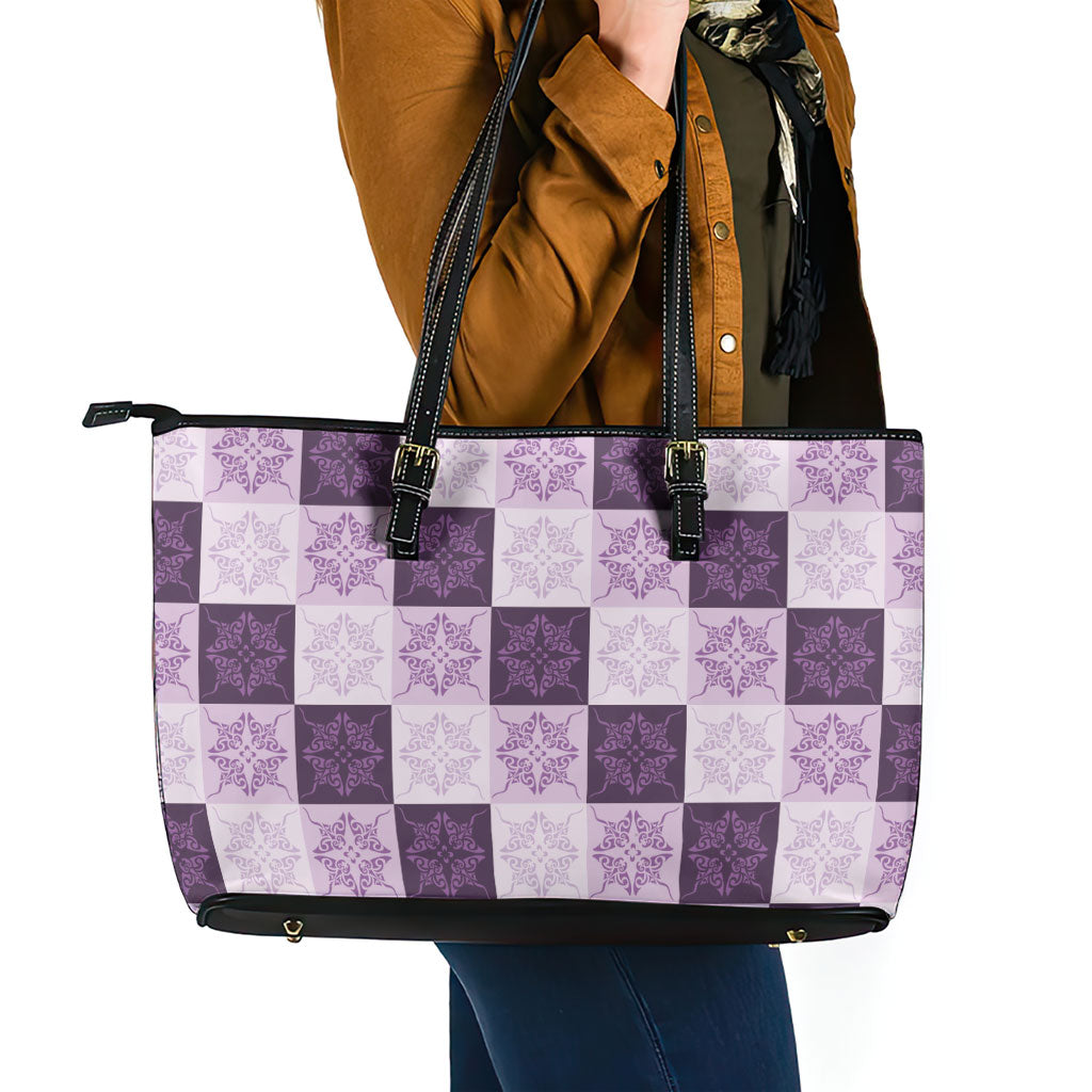 Lavender Manta Ray Hawaiian Quilt Motif Leather Tote Bag LT05 - Polynesian Pride