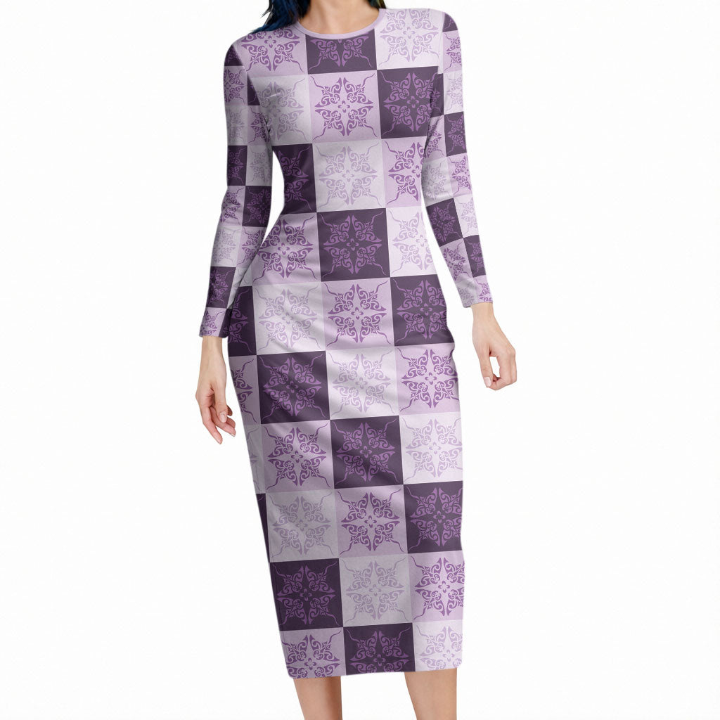 Lavender Manta Ray Hawaiian Quilt Motif Long Sleeve Bodycon Dress LT05 Long Dress Purple - Polynesian Pride