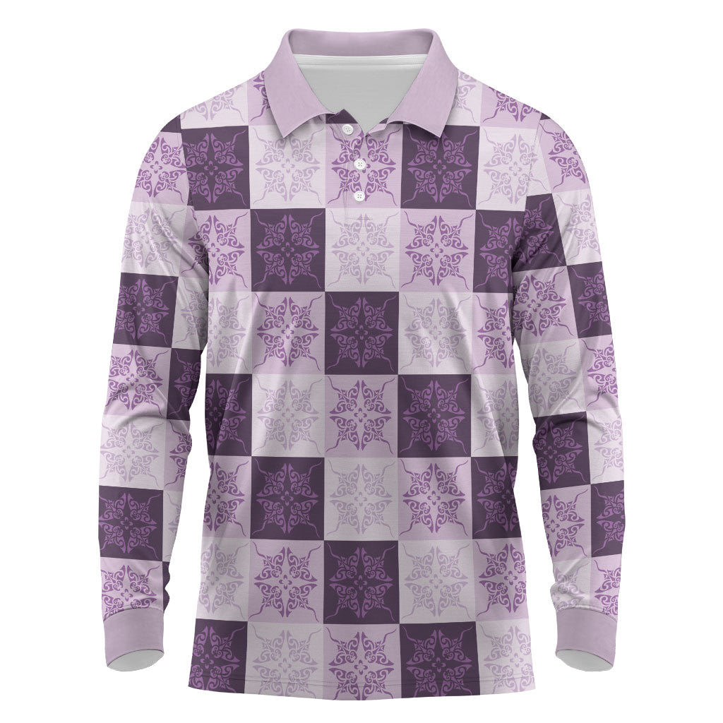 Lavender Manta Ray Hawaiian Quilt Motif Long Sleeve Polo Shirt LT05 Purple - Polynesian Pride